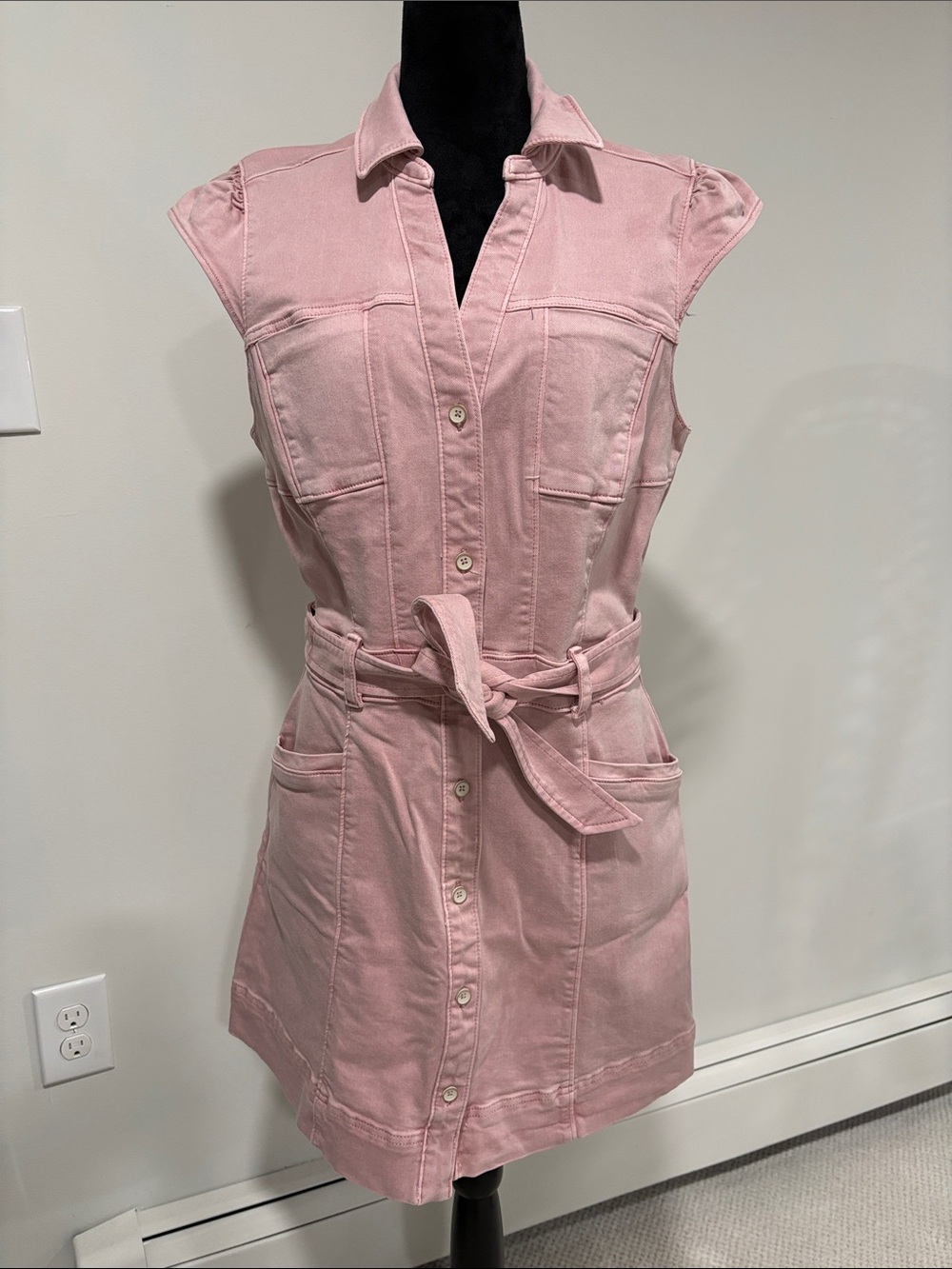 PAIGE Dusty Pink Denim Button-Front Tie-Waist Mini Dress SZ 8